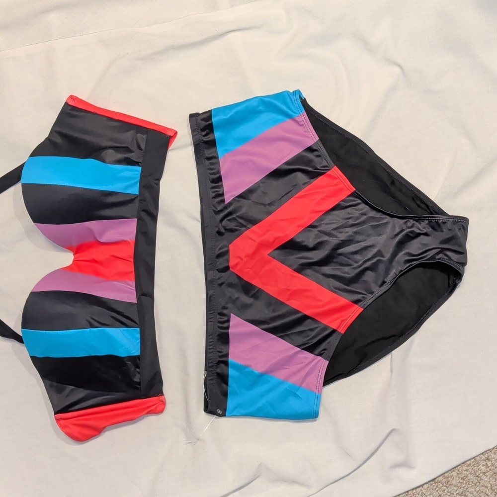 Bikini XXL Halter 2 Pc Set Underwire Tie Striped Padded Swimsuit High Waist New